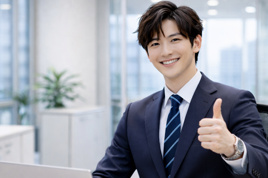 オフィスでさわやかな男性がパソコンの前で座って、私に任せてください。と親指を立ててポーズをとっている